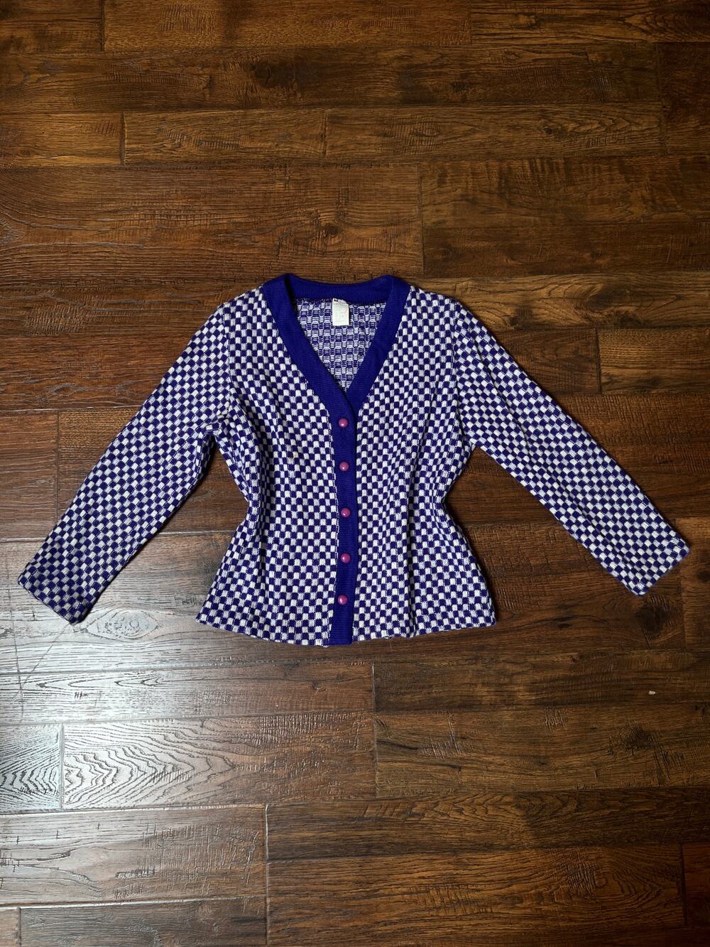 Vintage Acrylic Cardigan Purple White Checkered Knit Button Front Sweater Small